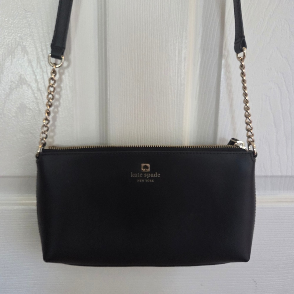 Kate Spade New York Black Leather Crossbody Bag Gold Chain Strap Purse Designer